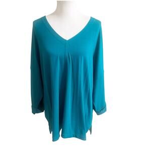 J Jill Wearever Collection Slub Knit Teal Blue V Neck 3/4 Sleeve Tunic Top SZ L